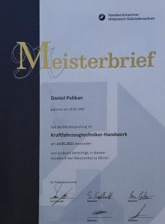 Meisterbrief im Kraftfahrzeugtechniker-Handwerk von Daniel Pelikan
