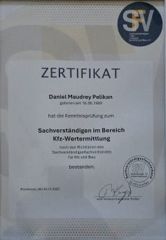 Zertifikat Sachverständiger im Bereich Kfz-Wertermittlung